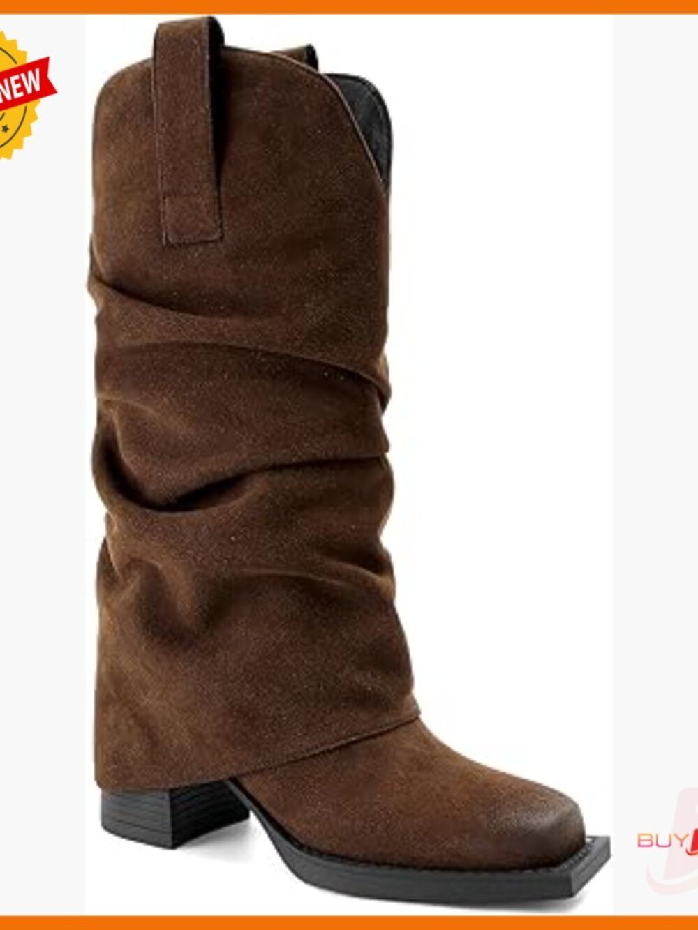 Faux Suede Mid Calf Boots Square Toe Chunky Heel Pull On Western